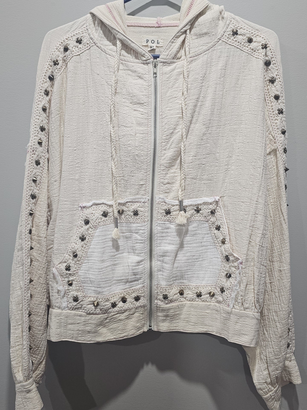 POL Cream Hooded Bomber Jacket with Stud Embellishments